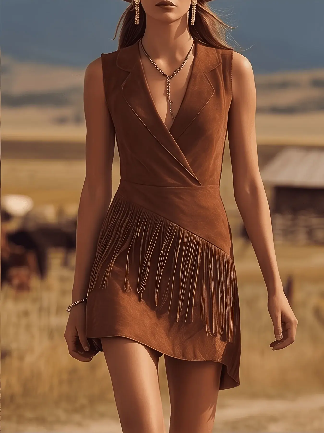 Cowgirl Denim Fringe Maxi Dress