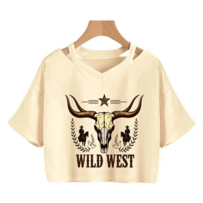 Western Longhorn Skull and Stars Cropped T Shirt