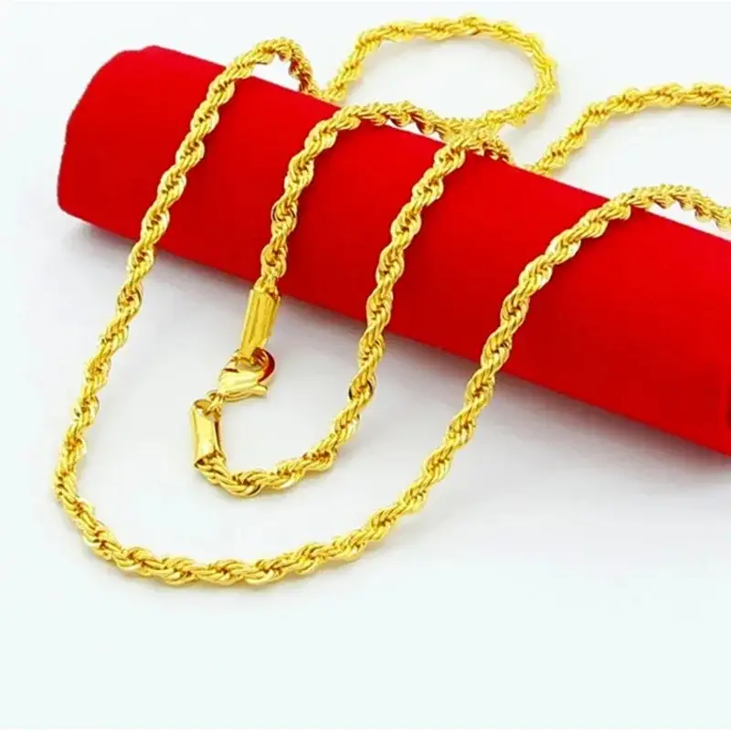 Unisex 24K Gold 3/4/5mm Twisted Rope Necklace