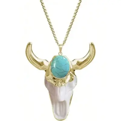 Vintage Bull Necklace Skull Jewelry - Boho Western Turquoise Necklace